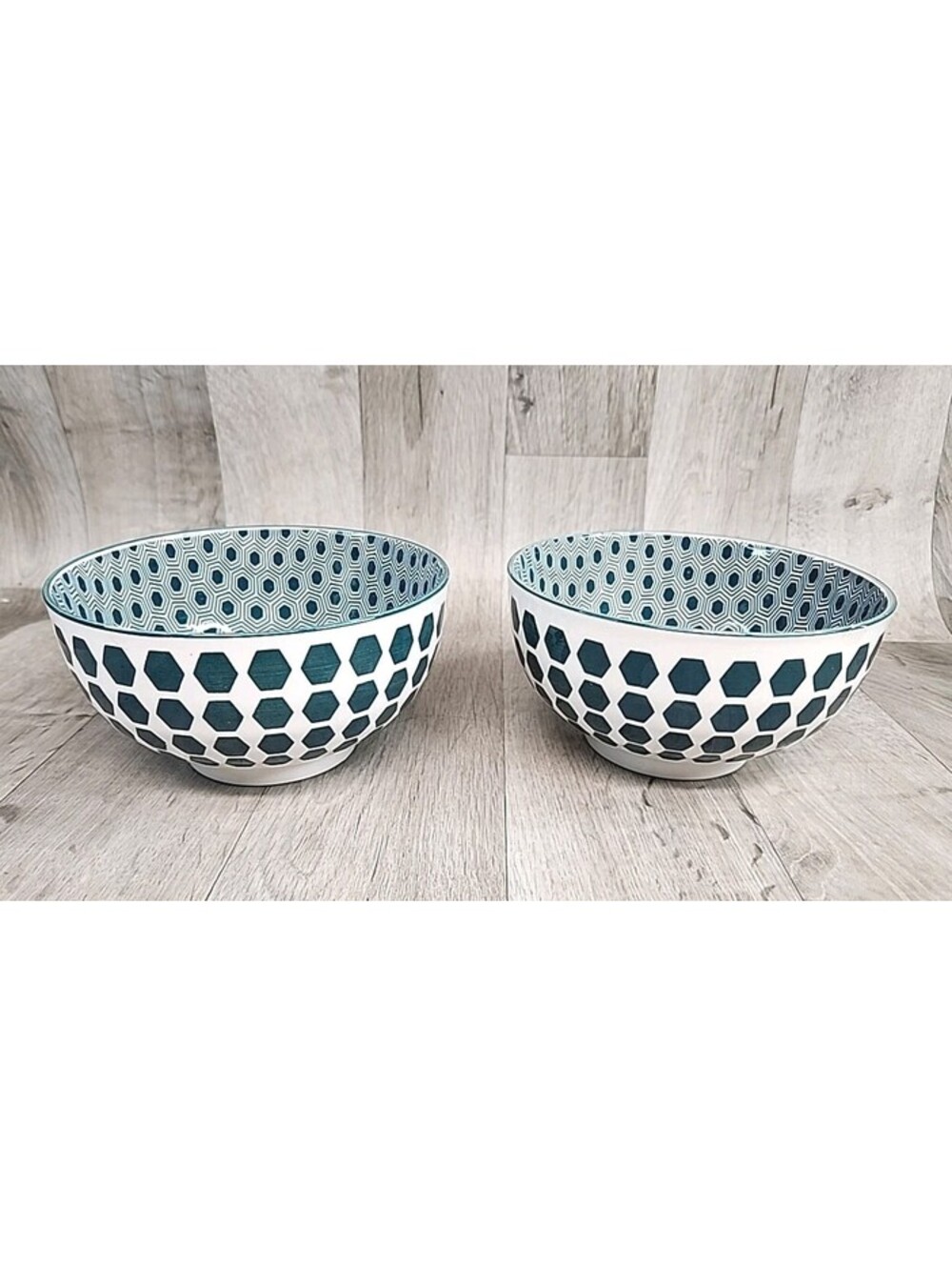 Grace's Teaware White Green Cereal Bowls  Geometric Modern - Set of 2